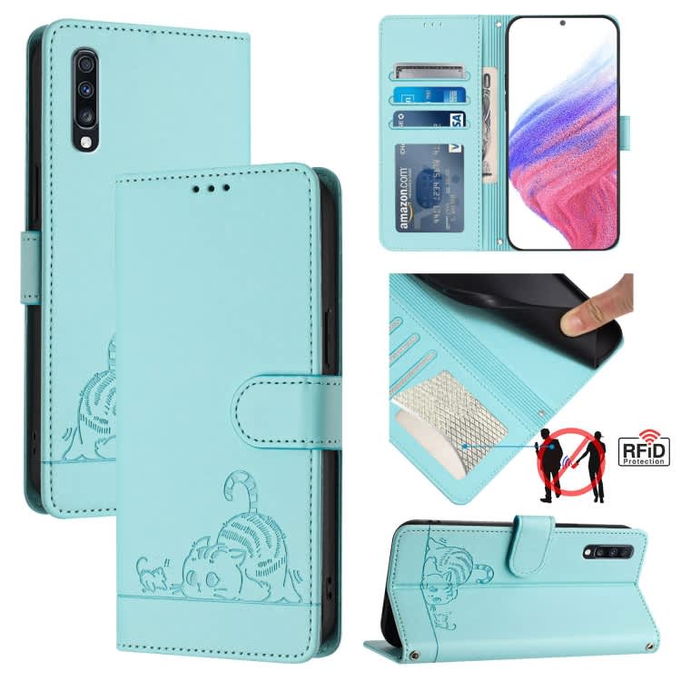 For Samsung Galaxy A70/A70s Cat Rat Embossed Pattern RFID Leather Phone Case with Lanyard(Mint Gree
