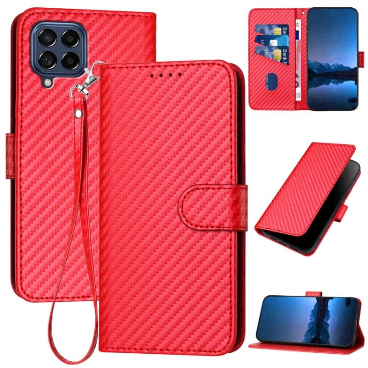 For Samsung Galaxy M53 5G YX0070 Carbon Fiber Buckle Leather Phone Case with Lanyard(Red)