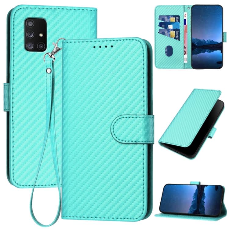 For Samsung Galaxy A71 5G YX0070 Carbon Fiber Buckle Leather Phone Case with Lanyard(Light Blue)