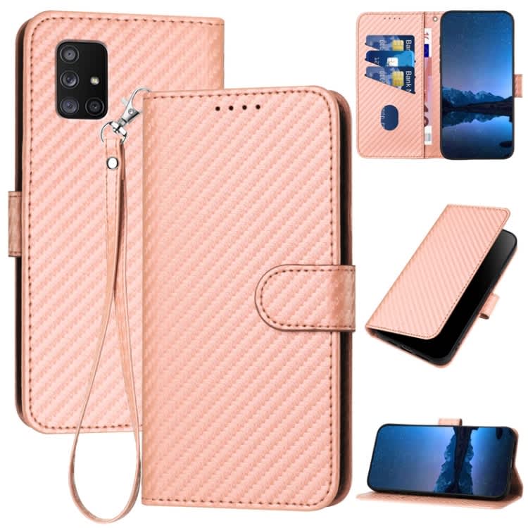 For Samsung Galaxy A71 5G YX0070 Carbon Fiber Buckle Leather Phone Case with Lanyard(Pink)