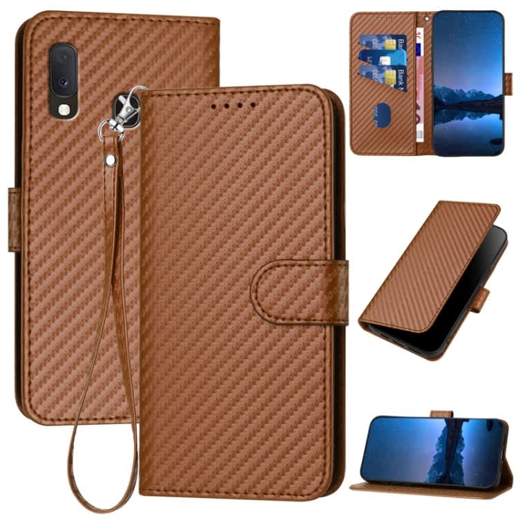 For Samsung Galaxy A20e / A10e YX0070 Carbon Fiber Buckle Leather Phone Case with Lanyard(Coffee)