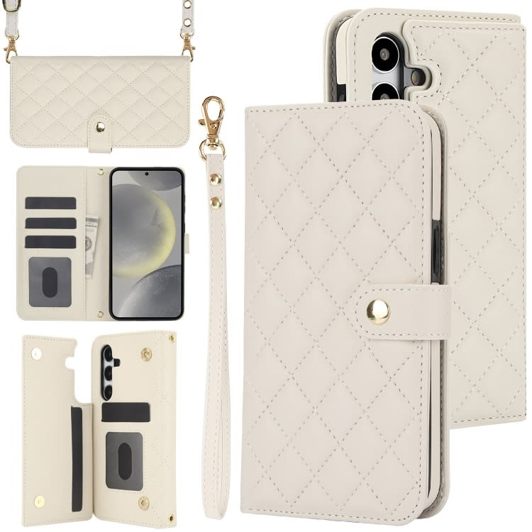 For Samsung Galaxy S24+ 5G Crossbody Multifunction Rhombic Leather Phone Case(White)