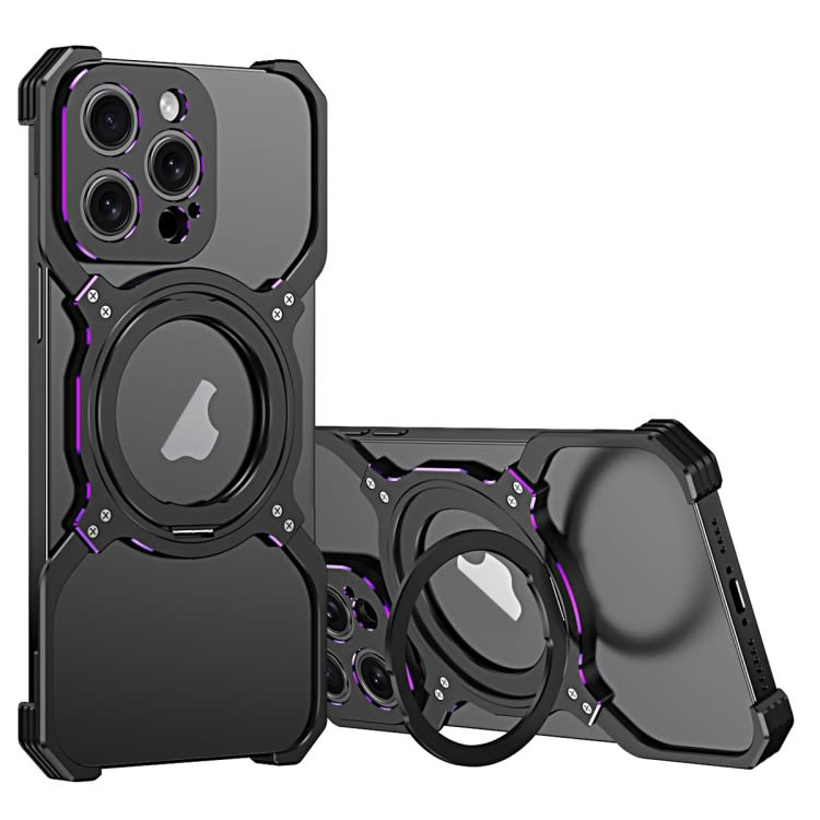 For iPhone 13 Pro Mechanical Arm Borderless MagSafe Holder Metal Phone Case(Black Purple)