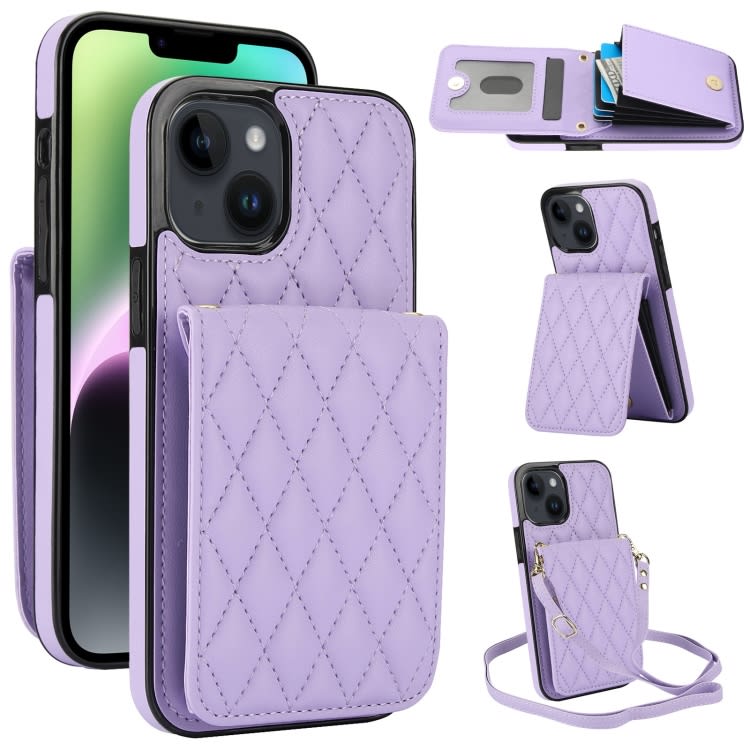 For iPhone 14 YM015 Crossbody Rhombic Card Bag RFID Phone Case(Light Purple)