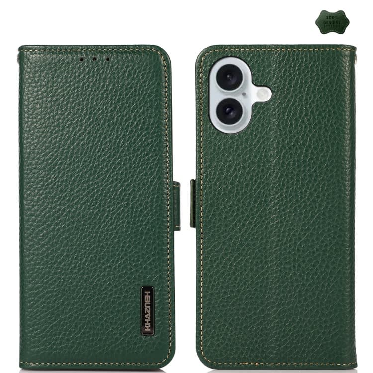 For iPhone 16 KHAZNEH Side-Magnetic Litchi Genuine Leather RFID Case(Green)