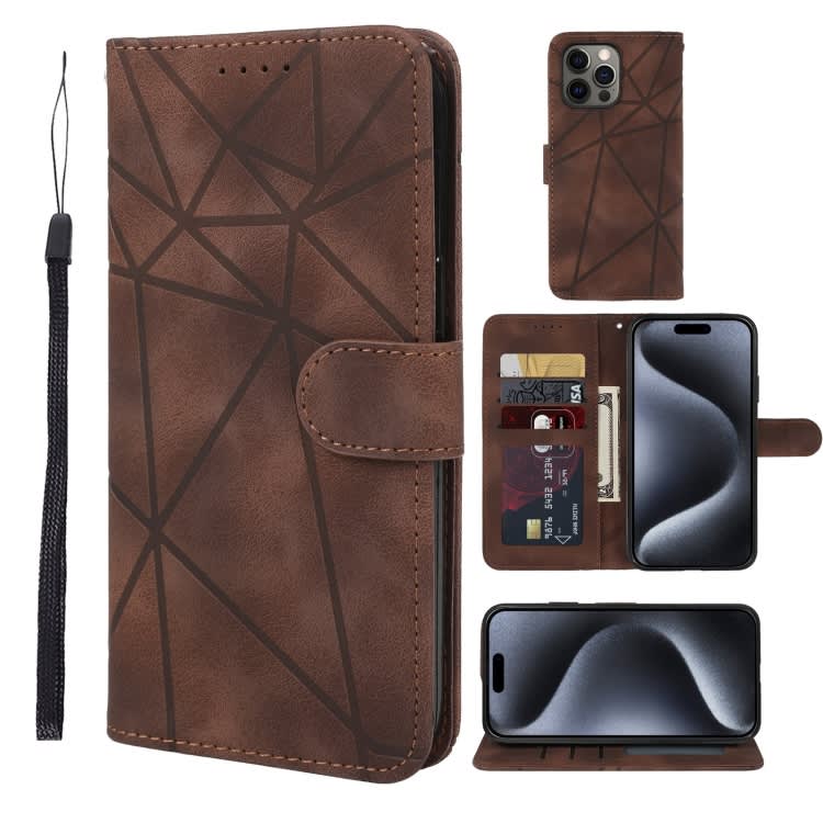 For iPhone 15 Pro Max Skin Feel Geometric Lines Leather Phone Case(Brown)
