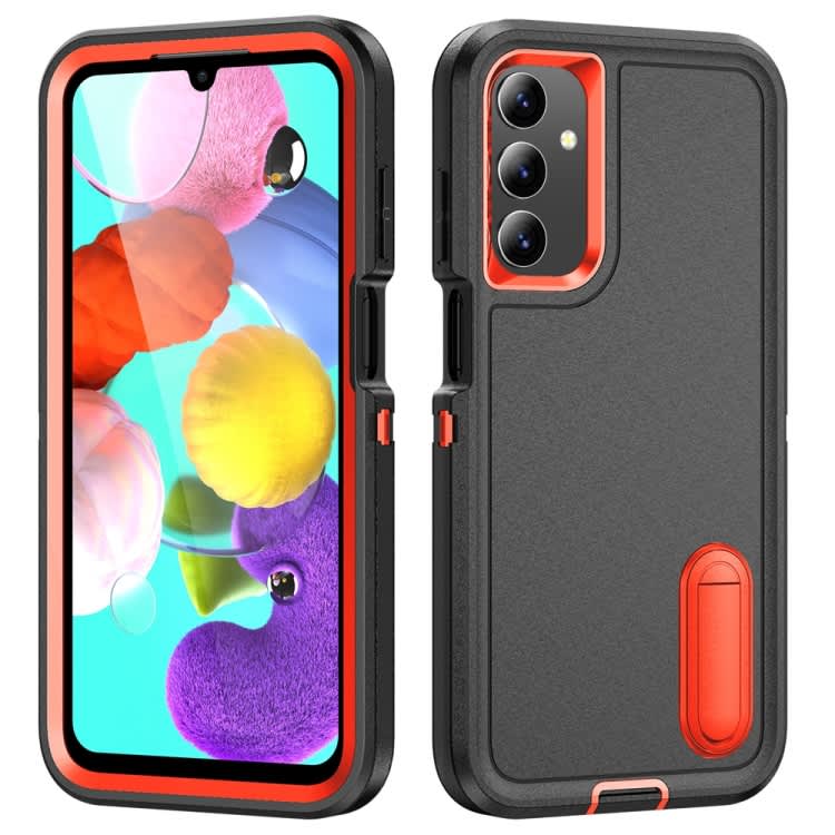 For Samsung Galaxy A15 Rugged PC + Silicone Phone Case with Holder(Black+Orange)