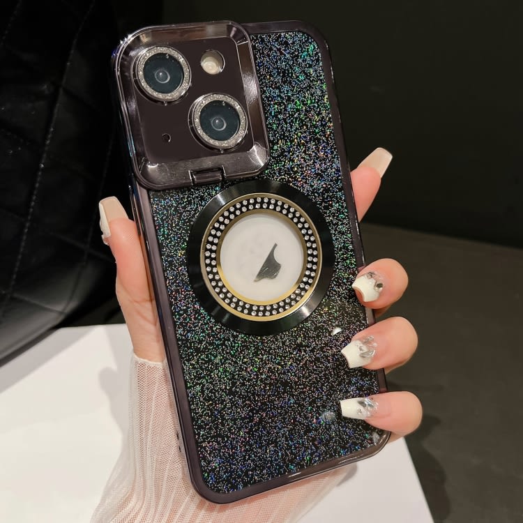 For iPhone 15 Starry Glitter MagSafe Lens Holder Phone Case(Black)
