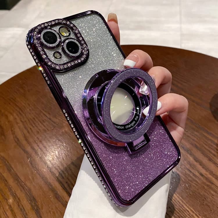 For iPhone 15 Plus Gradient Glitter Diamond Plated Holder Magsafe Phone Case(Purple)