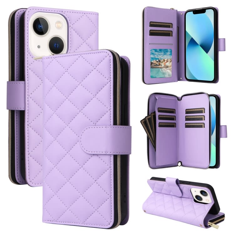For iPhone 13 mini Crossbody Rhombic Zipper Tower Buckle Leather Phone Case with Lanyard(Purple)