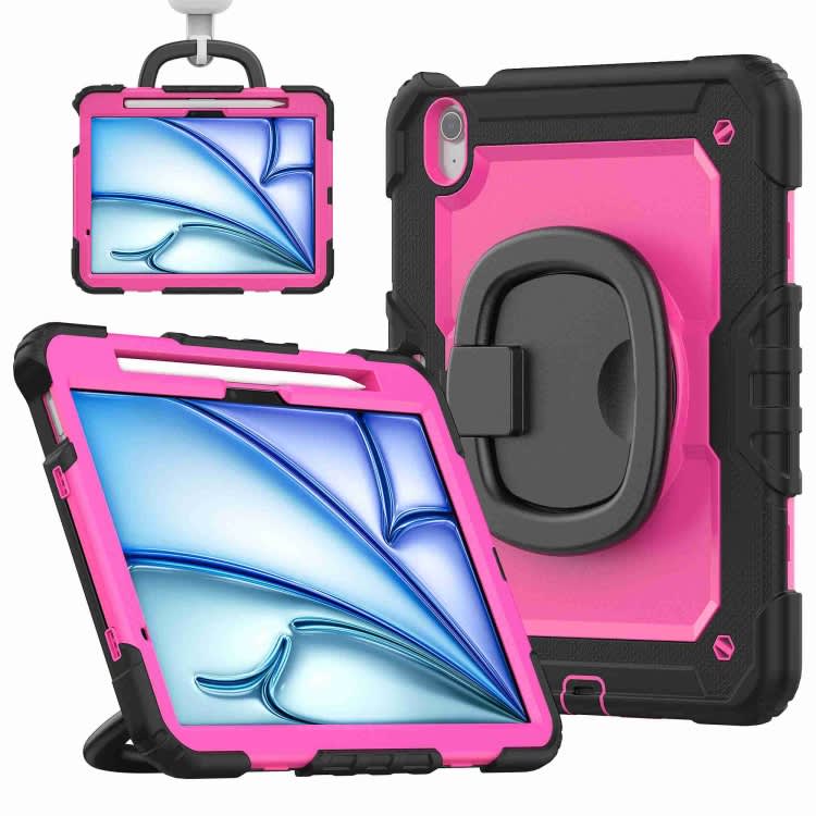 For iPad Air 11 2024 Handle Silicone Hydric PC Tablet Case with Shoulder Strap(Rose Red PC)