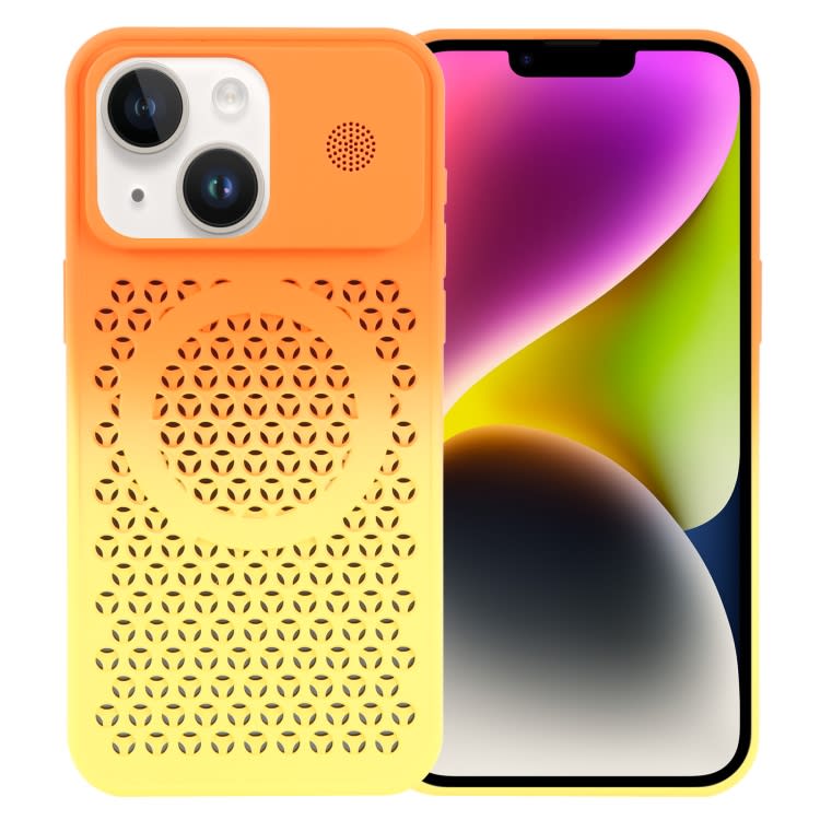 For iPhone 14 Plus Gradient Color Honeycomb Aromatherapy MagSafe Phone Case(Orange Yellow)