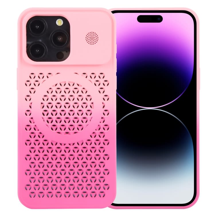 For iPhone 14 Pro Max Gradient Color Honeycomb Aromatherapy MagSafe Phone Case(Pink+Rose Red)