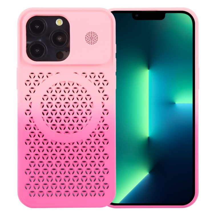 For iPhone 13 Pro Gradient Color Honeycomb Aromatherapy MagSafe Phone Case(Pink+Rose Red)