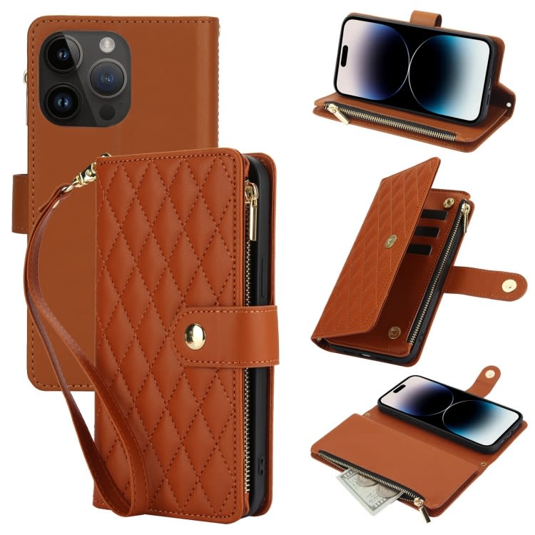 For iPhone 14 Pro Max YM016 Rhombic Zipper Card Wallet Leather Phone Case with Lanyard(Brown)