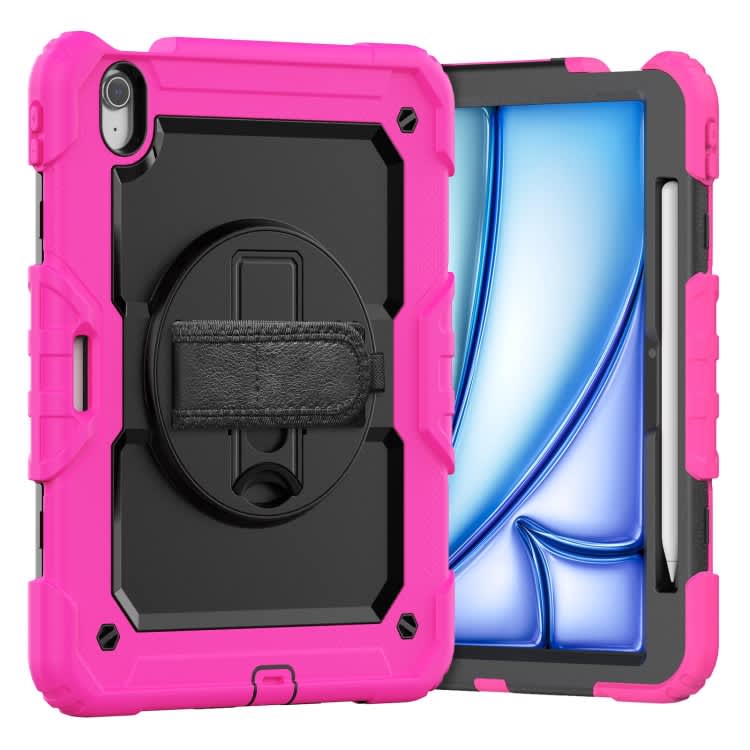 For iPad Air 11 2024 Silicone Hybrid PC Tablet Case with Shoulder Strap(Black + Rose Red)