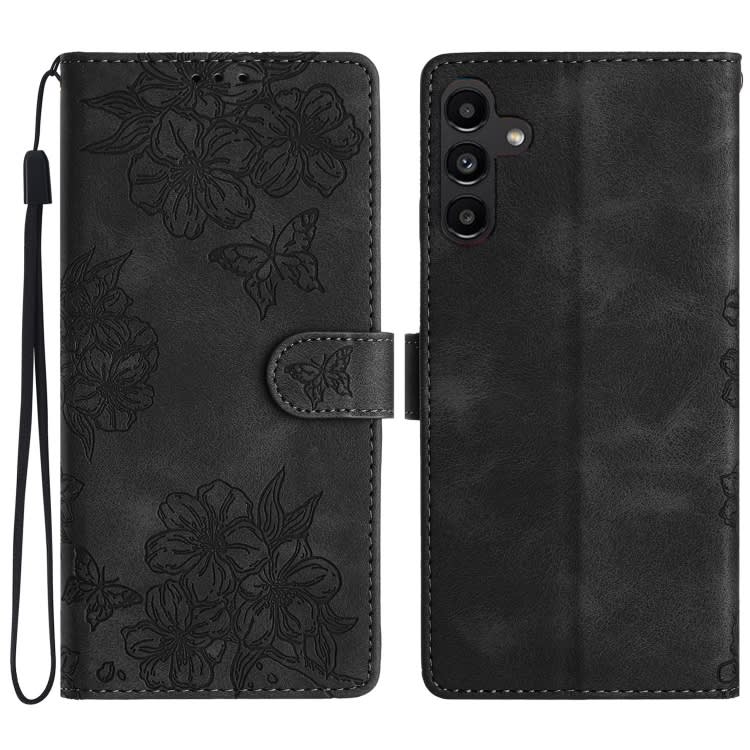 For Samsung Galaxy A55 5G Cherry Blossom Butterfly Skin Feel Embossed PU Phone Case(Black)