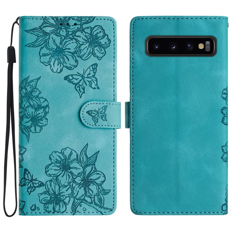 For Samsung Galaxy S10 Cherry Blossom Butterfly Skin Feel Embossed PU Phone Case(Green)