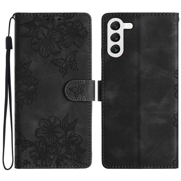 For Samsung Galaxy S23 5G Cherry Blossom Butterfly Skin Feel Embossed PU Phone Case(Black)