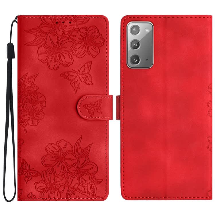 For Samsung Galaxy Note20 Cherry Blossom Butterfly Skin Feel Embossed PU Phone Case(Red)