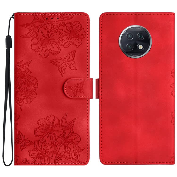 For Xiaomi Redmi Note 9 5G / Note 9T Cherry Blossom Butterfly Skin Feel Embossed PU Phone Case(Red)