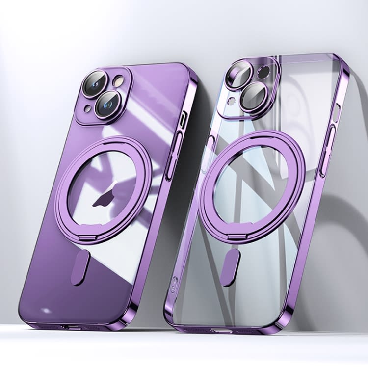 For iPhone 13 Plating PC 360 Ring Holder Magsafe Phone Case(Clear Purple)
