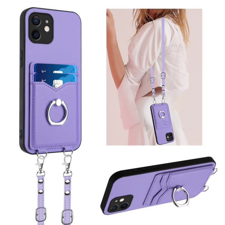 For iPhone 12 mini R20 Crossbody Rope Ring Card Holder Phone Case(Purple)