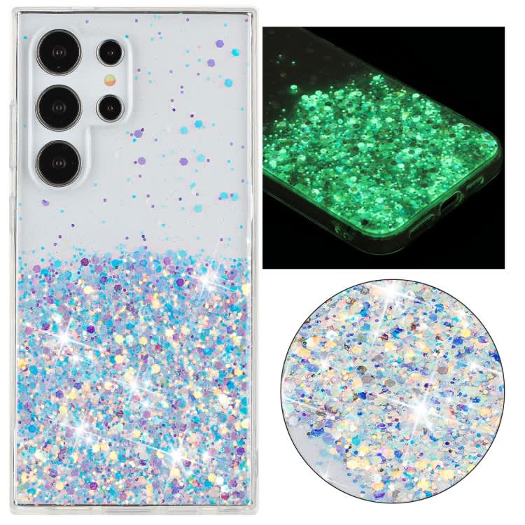 For Samsung Galaxy S23 Ultra 5G Transparent Frame Noctilucent Glitter Powder TPU Phone Case(White)