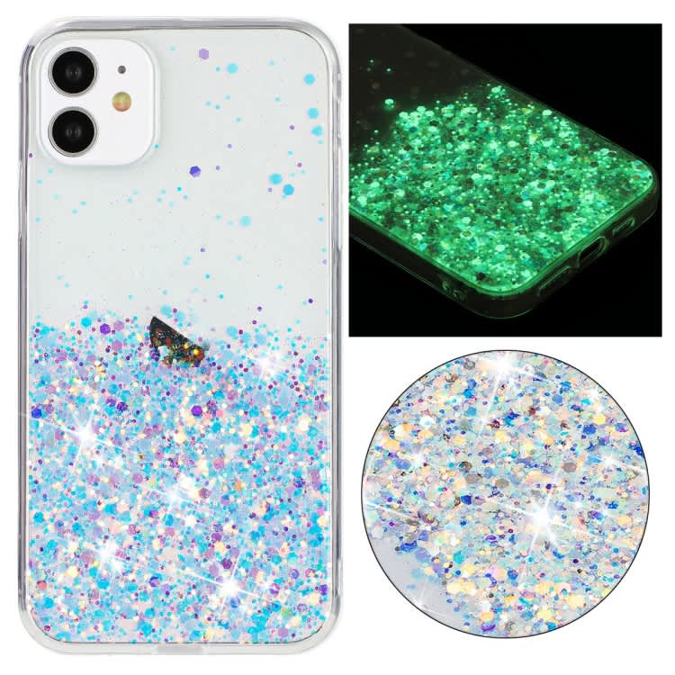For iPhone 11 Transparent Frame Noctilucent Glitter Powder TPU Phone Case(White)