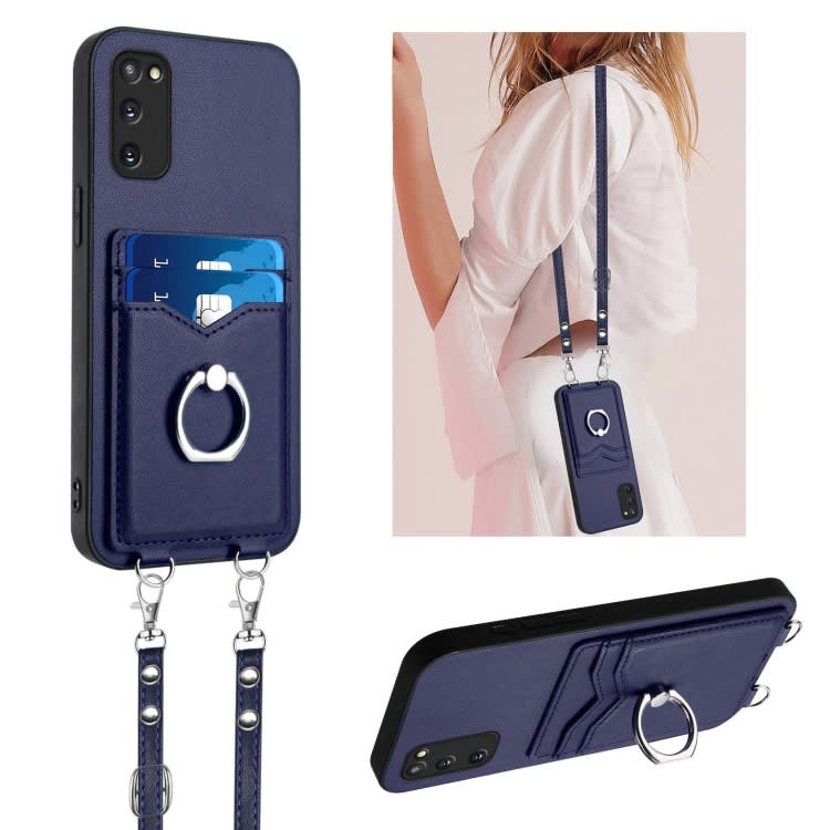 For Samsung Galaxy S20 FE R20 Crossbody Rope Ring Card Holder Phone Case(Blue)