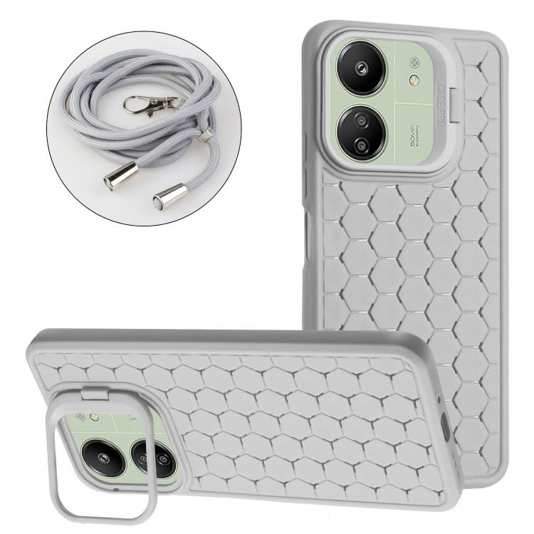 For Xiaomi Redmi 13C Honeycomb Radiating Holder TPU Phone Case with Lanyard(Grey)