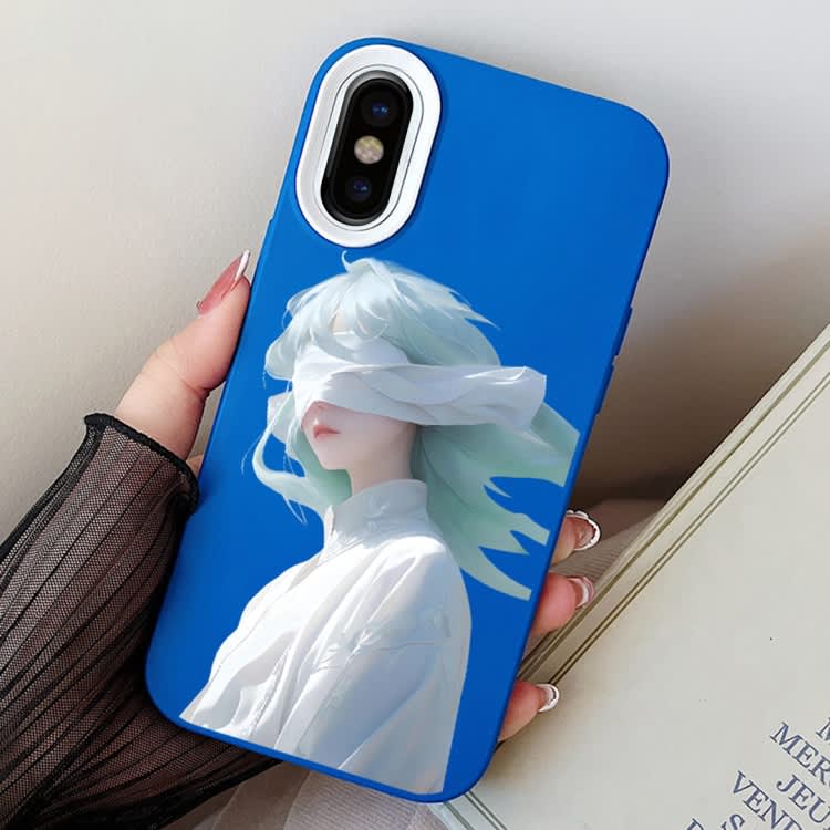 For iPhone X / XS Blindfold Girl PC Hybrid TPU Phone Case(Blue)