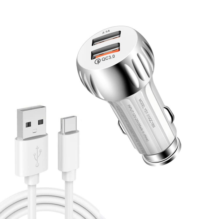 YSY-310QC18W QC3.0 Dual Port USB Car Charger + 3A USB to USB-C / Type-C Data Cable, Cable Length: 1