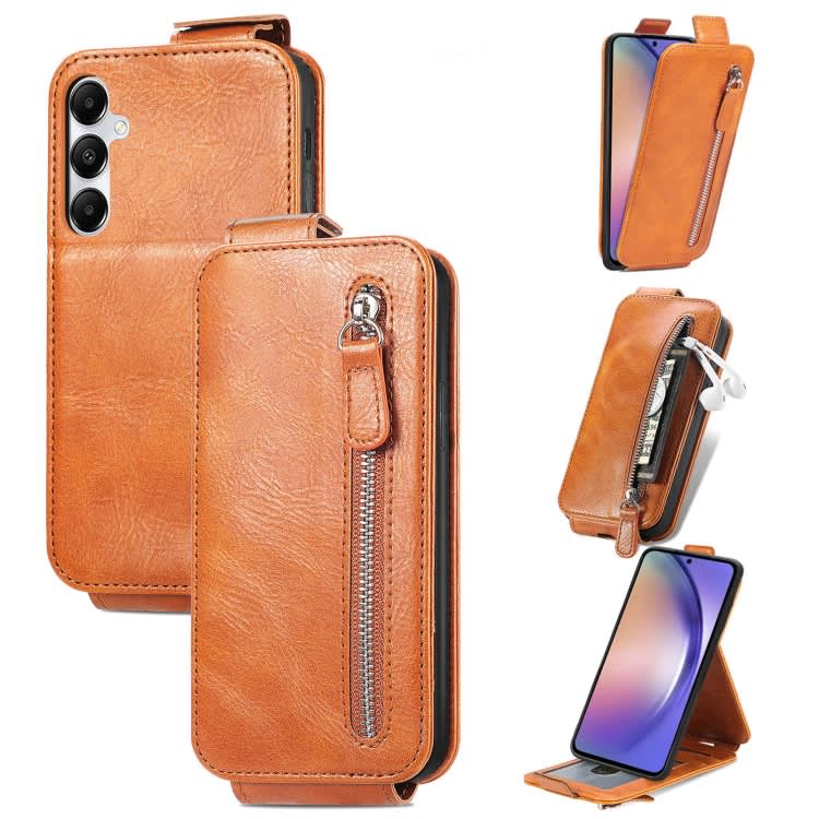 For Samsung Galaxy A55 5G Zipper Wallet Vertical Flip Leather Phone Case(Brown)