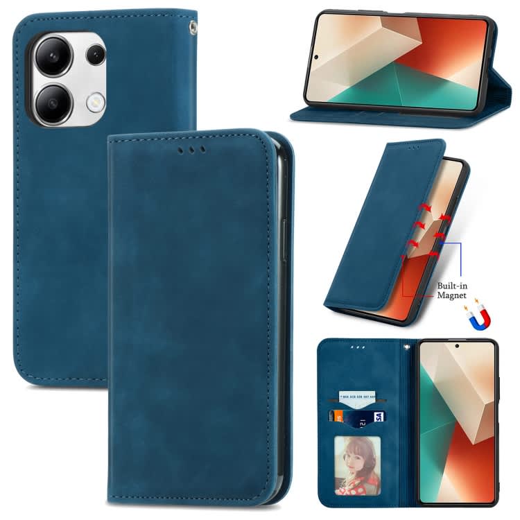 For Xiaomi Redmi Note 13 4G Retro Skin Feel Magnetic Flip Leather Phone Case(Blue)