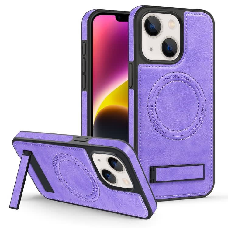 For iPhone 14 Multi-function Holder MagSafe PU Phone Case(Purple)