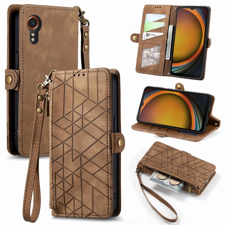 For Samsung Galaxy Xcover 7 Geometric Zipper Wallet Side Buckle Leather Phone Case(Brown)