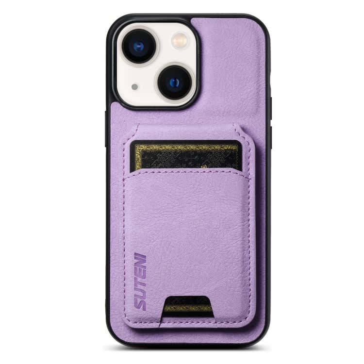 For iPhone 14 Suteni H02 Litchi Leather Card Wallet Stand Back Phone Case(Purple)