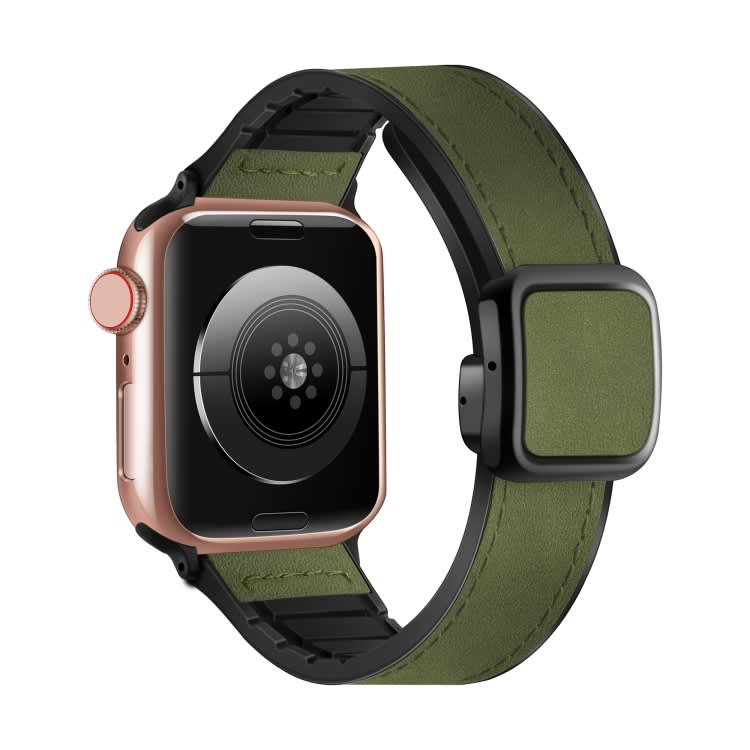 For Apple Watch Series 9 45mm Fold Magnetic Square Buckle PU Silicone Watch Band(Dark Green)