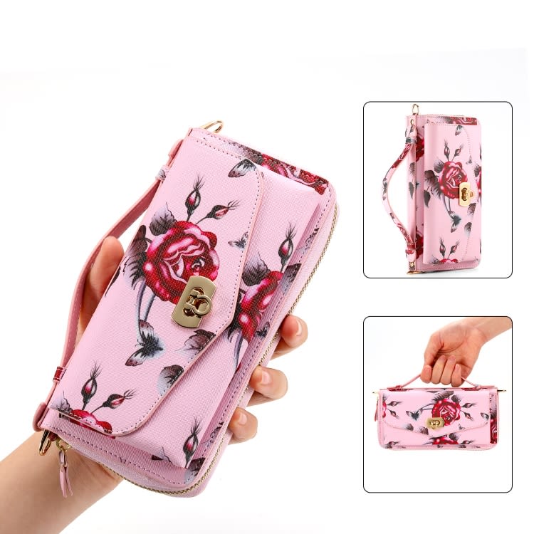 For iPhone 14 MagSafe Flower Multi-functional Crossbody Zipper Wallet Leather Phone Case(Pink)