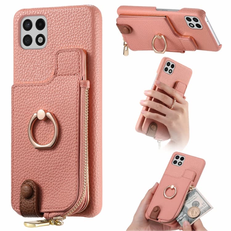 For Samsung Galaxy A22 5G Litchi Leather Oil Edge Ring Zipper Wallet Back Phone Case(Pink)