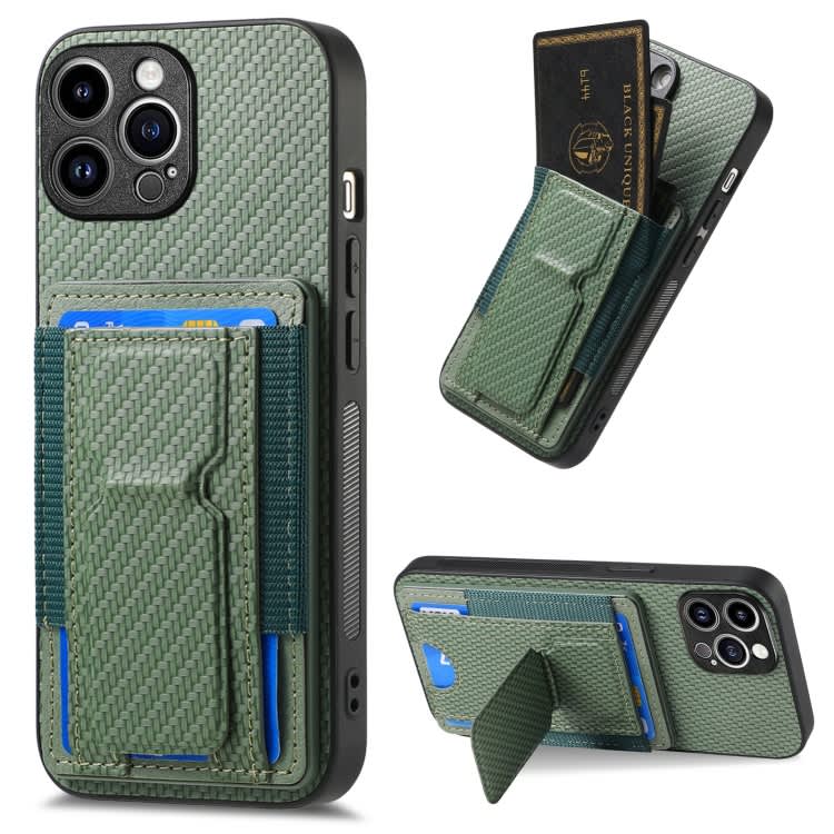 For iPhone 15 Pro Max Carbon Fiber Fold Stand Elastic Card Bag Phone Case(Green)