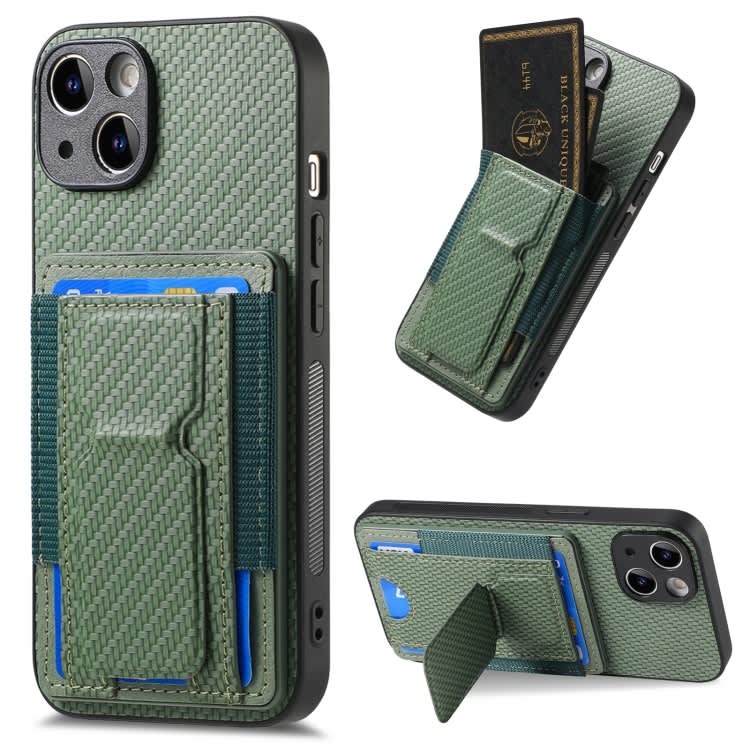 For iPhone 13 Carbon Fiber Fold Stand Elastic Card Bag Phone Case(Green)