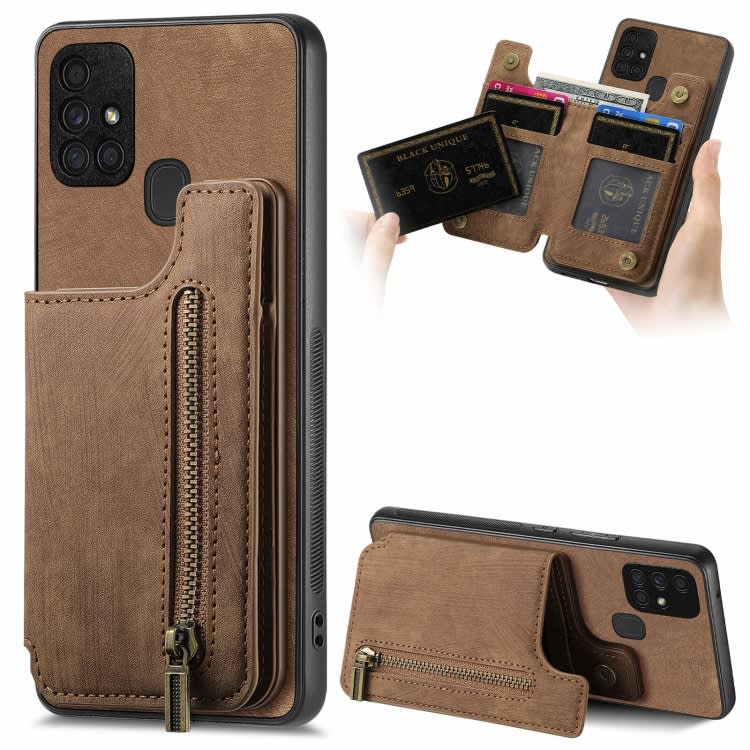 For Samsung Galaxy A51 5G Retro Leather Zipper Wallet Back Phone Case(Brown)