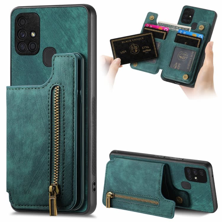 For Samsung Galaxy A51 5G Retro Leather Zipper Wallet Back Phone Case(Green)