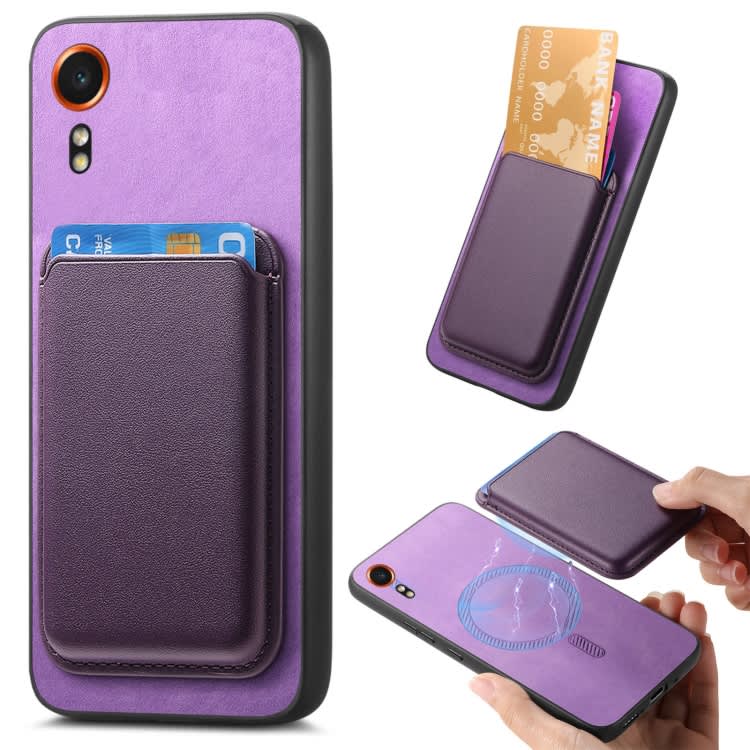 For Samsung Galaxy Xcover 7 Retro Magsafe Card Bag PU Back Cover Phone Case(Purple)