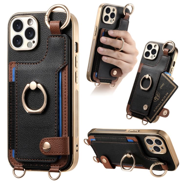 For iPhone 15 Pro Fashion Ring Card Bag Phone Case with Hang Loop(Black)