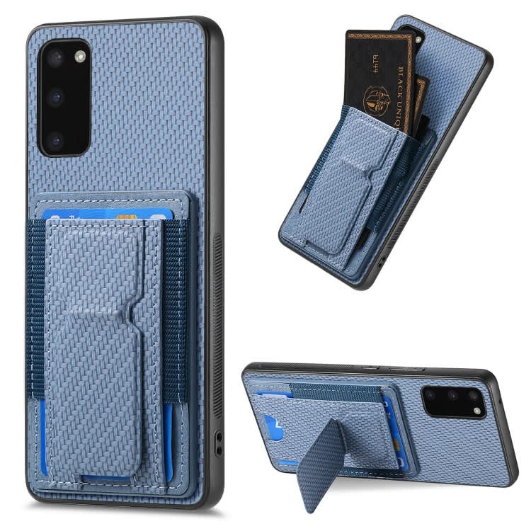 For Samsung Galaxy S20 Carbon Fiber Fold Stand Elastic Card Bag Phone Case(Blue)