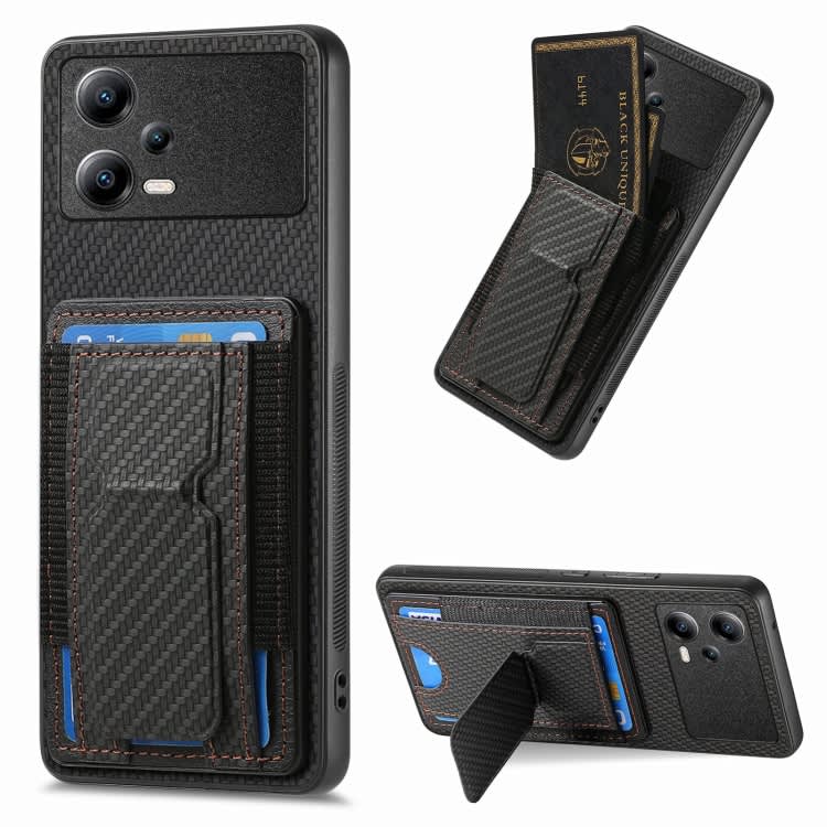 For Xiaomi Poco X5 Carbon Fiber Fold Stand Elastic Card Bag Phone Case(Black)