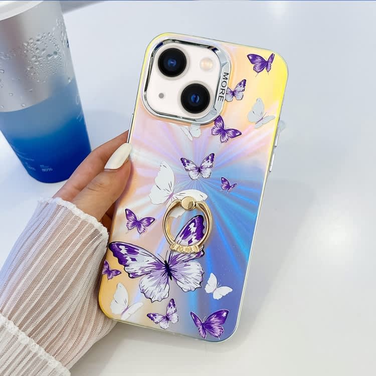 For iPhone 13 Electroplating Laser Butterfly Ring Holder Phone Case(White Purple Butterflies AB6)